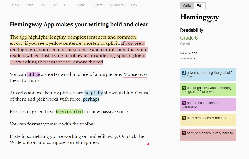 Screenshot of the hemingway app displaying a sidebar with a grade 6 readibility score and sample text.