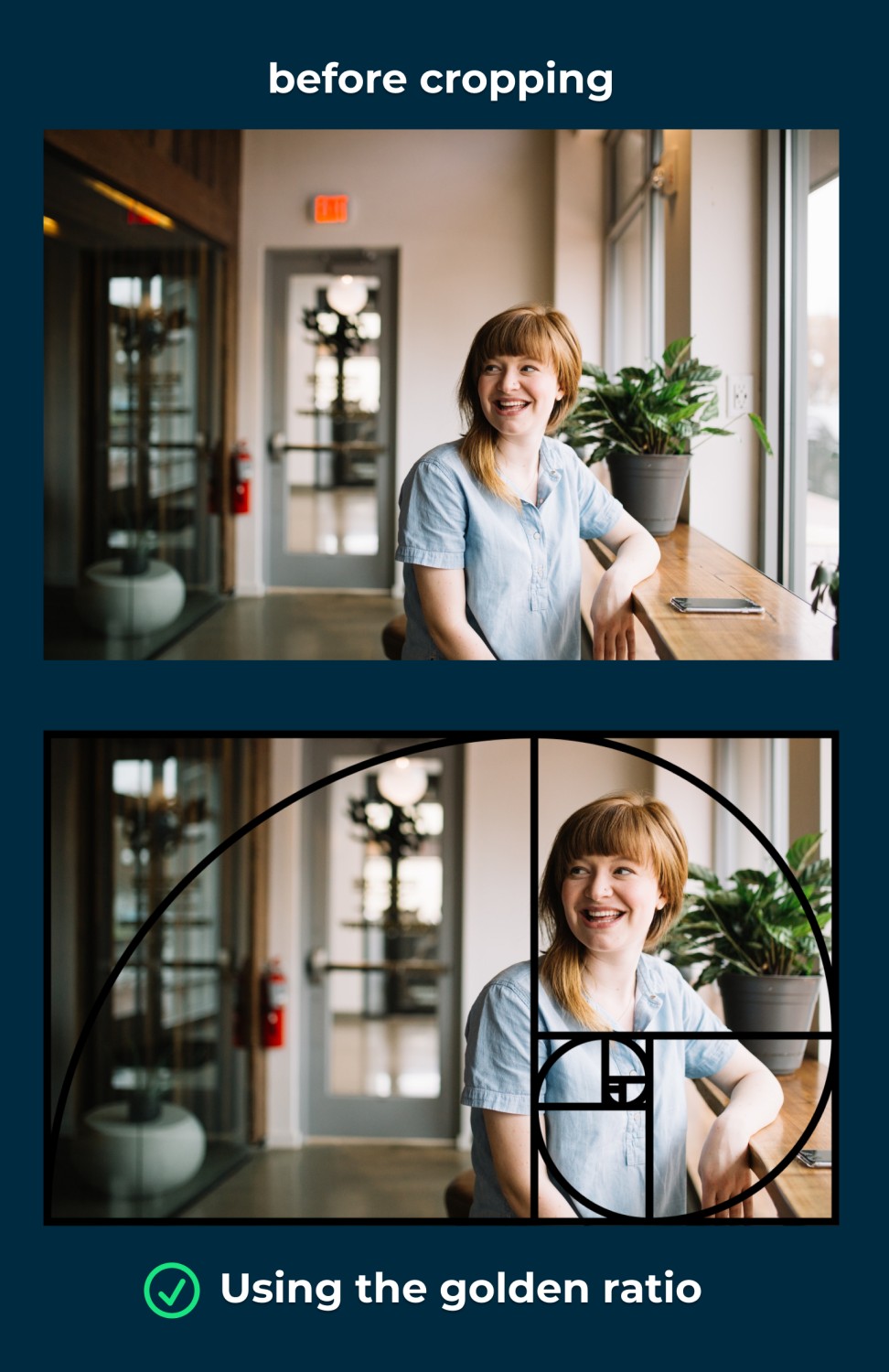 Example of an image of a woman smiling seating in an office using the golden ratio to make her the focus of the image.